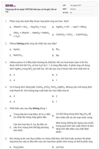 Tổng hợp đề ôn luyện THPTQG Hóa học có lời giải ( Đề số 12)