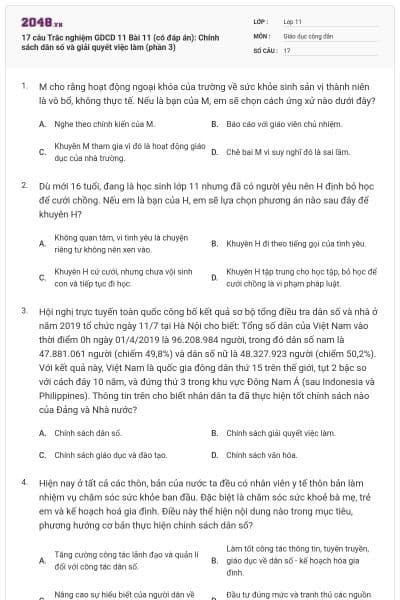 17 câu  Trắc nghiệm GDCD 11 Bài 11 (có đáp án): Chính sách dân số và giải quyết việc làm (phần 3)