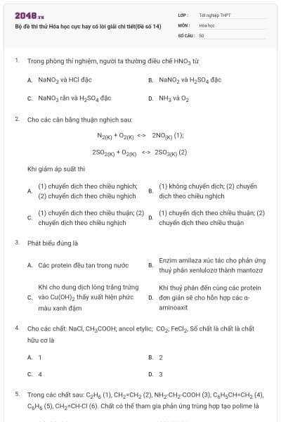 Bộ đề thi thử Hóa học cực hay có lời giải chi tiết(Đề số 14)