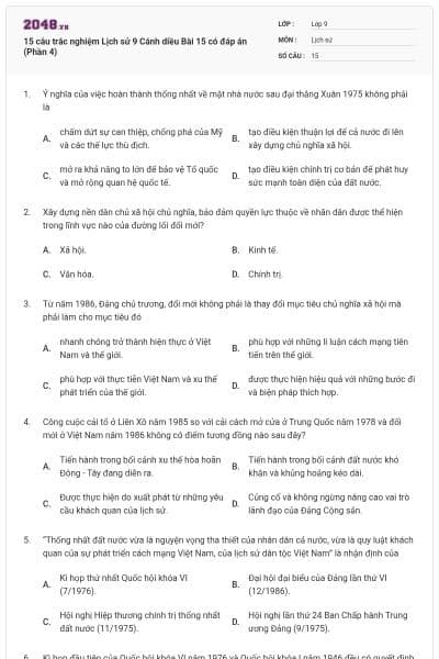 15 câu trắc nghiệm Lịch sử 9 Cánh diều Bài 15 có đáp án (Phần 4)