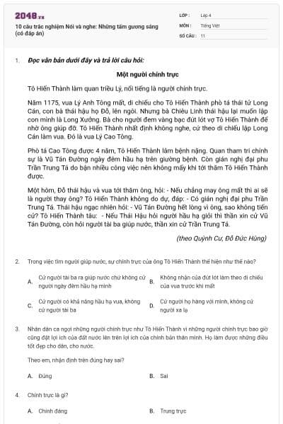 10 câu trắc nghiệm Nói và nghe: Những tấm gương sáng (có đáp án)