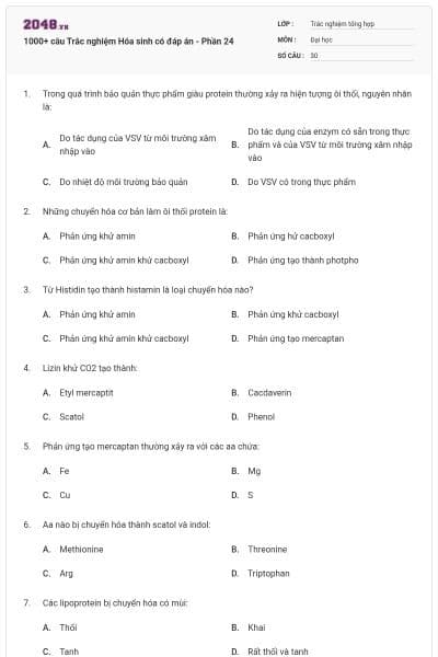 1000+ câu Trắc nghiệm Hóa sinh có đáp án - Phần 24