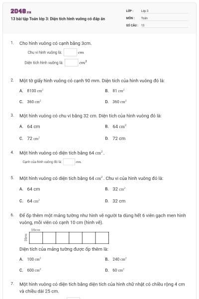 13 bài tập Toán lớp 3: Diện tích hình vuông có đáp án