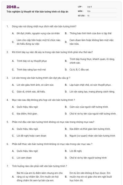 Trắc nghiệm Lý thuyết về Văn bản tường trình có đáp án
