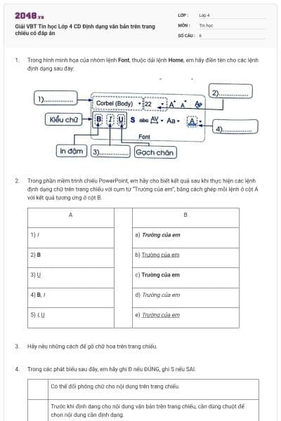 Giải VBT Tin học Lớp 4 CD Định dạng văn bản trên trang chiếu có đáp án