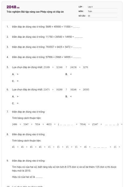 Trắc nghiệm Bài tập nâng cao Phép cộng có đáp án