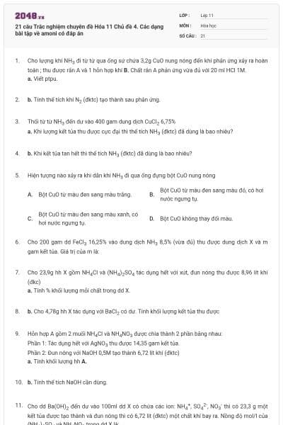 21 câu  Trắc nghiệm chuyên đề Hóa 11 Chủ đề 4. Các dạng bài tập về amoni có đáp án