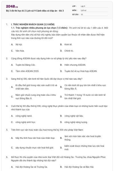 Bộ 3 đề thi học kì 2 Lịch sử 9 Cánh diều có đáp án - Đề 3