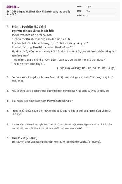 Bộ 10 đề thi giữa kì 2 Ngữ văn 6 Chân trời sáng tạo có đáp án - Đề 5