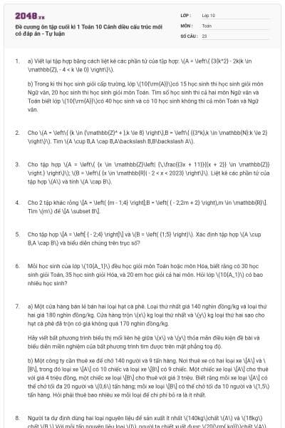 Đề cương ôn tập cuối kì 1 Toán 10 Cánh diều cấu trúc mới có đáp án -  Tự luận