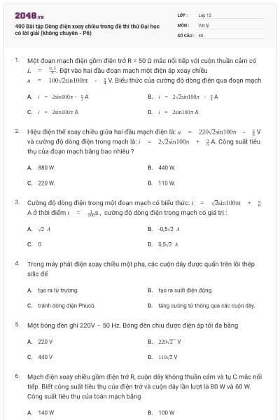 400 Bài tập Dòng điện xoay chiều trong đề thi thử Đại học có lời giải (không chuyên - P6)