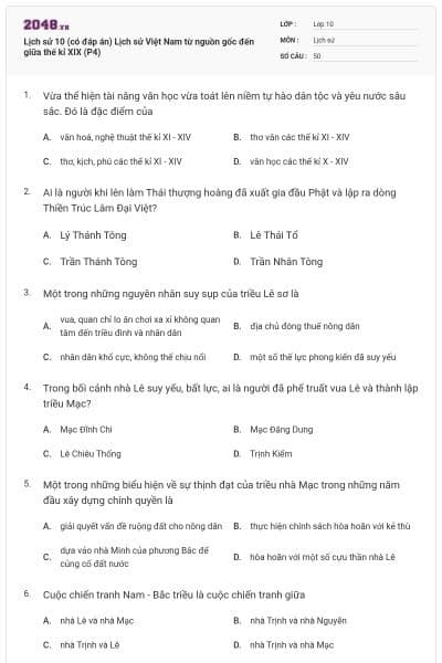 Lịch sử 10 (có đáp án) Lịch sử Việt Nam từ nguồn gốc đến giữa thế kỉ XIX (P4)