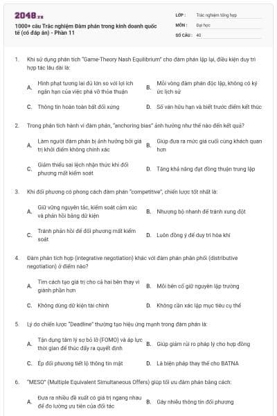 1000+ câu Trắc nghiệm Đàm phán trong kinh doanh quốc tế (có đáp án) - Phần 11