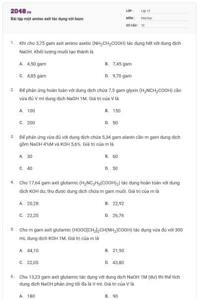 Bài tập một amino axit tác dụng với bazơ