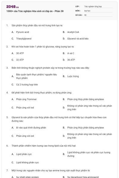 1000+ câu Trắc nghiệm Hóa sinh có đáp án - Phần 38