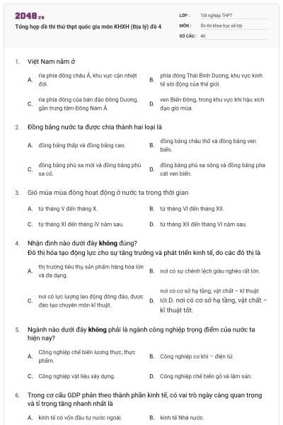 Tổng hợp đề thi thử thpt quốc gia môn KHXH (Địa lý) đề 4