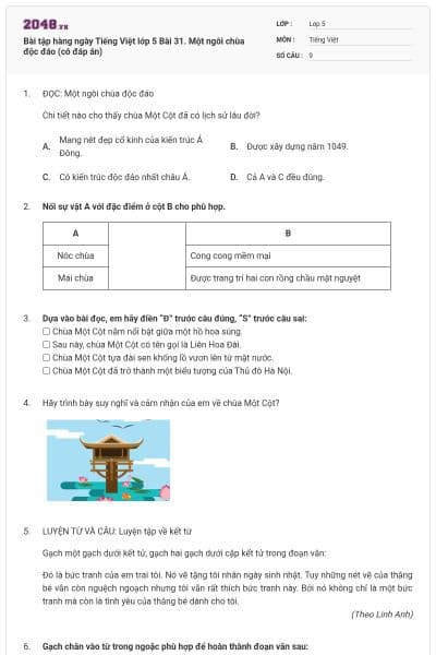 Bài tập hàng ngày Tiếng Việt lớp 5  Bài 31. Một ngôi chùa độc đáo (có đáp án)