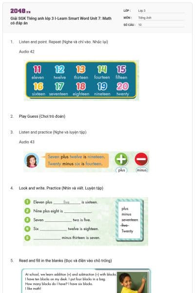 Giải SGK Tiếng anh lớp 3 I-Learn Smart Word Unit 7: Math có đáp án