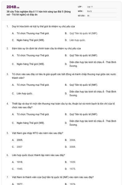 38 câu Trắc nghiệm Địa lí 11 hân trời sáng tạo Bài 5 (Đúng sai - Trả lời ngắn) có đáp án
