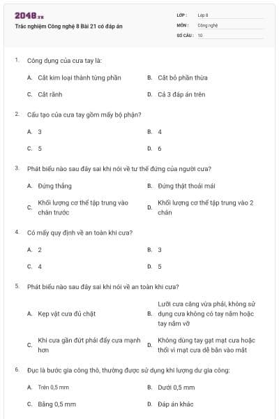 Trắc nghiệm Công nghệ 8 Bài 21 có đáp án