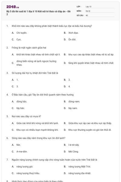 Bộ 5 đề thi cuối kì 1 Địa lí 10 Kết nối tri thức có đáp án - Đề 2