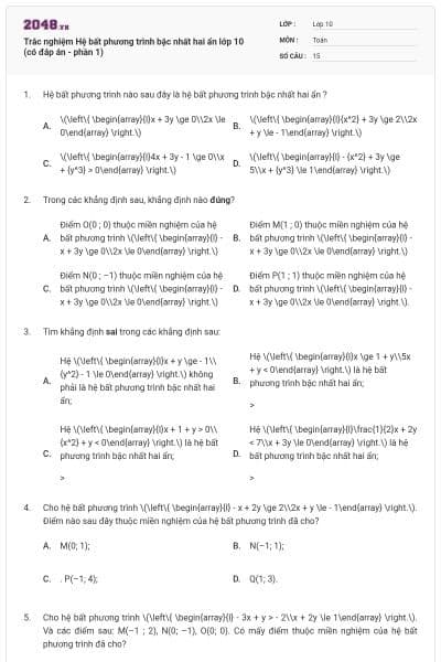 Trắc nghiệm Hệ bất phương trình bậc nhất hai ẩn lớp 10 (có đáp án - phần 1)