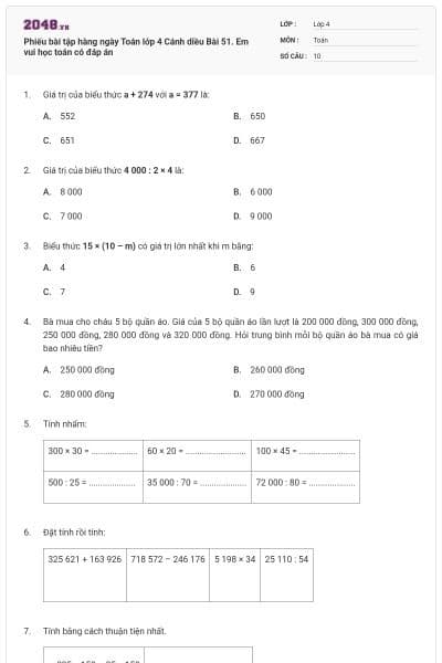 Phiếu bài tập hàng ngày Toán lớp 4 Cánh diều Bài 51. Em vui học toán có đáp án