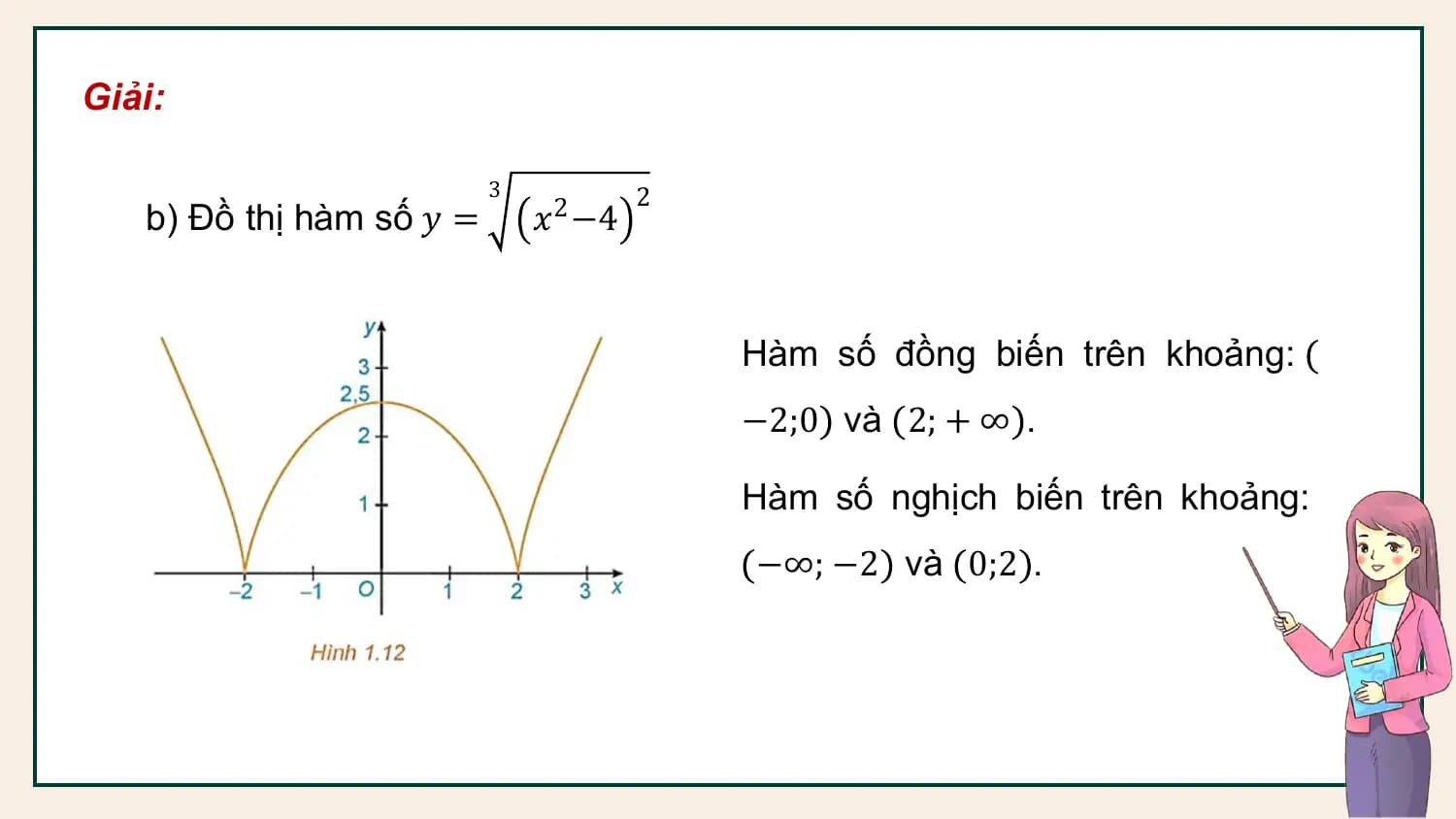 Giải:

 3 2
 b) Đồ thị hàm số 𝑦 = 𝑥2 −4

 Hàm số đồng biến trên khoảng:
 −2;0 và 2; + ∞ .

 Hàm số nghịch biến trên khoảng:
 −∞; −2 và 0;2 .