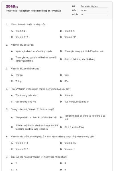 1000+ câu Trắc nghiệm Hóa sinh có đáp án - Phần 22