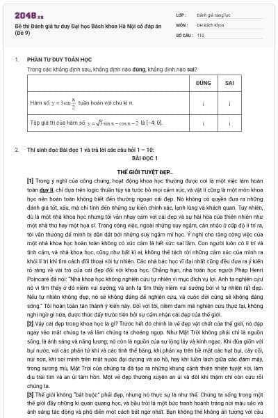 Đề thi Đánh giá tư duy Đại học Bách khoa Hà Nội có đáp án (Đề 9)