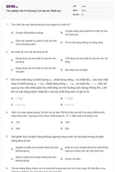 Trắc nghiệm Vật li 8 Chương 2 (có đáp án): Nhiệt học