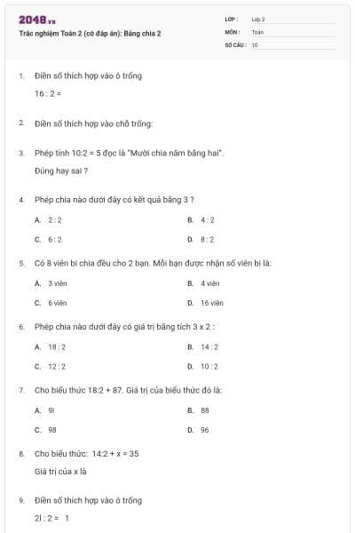 Trắc nghiệm Toán 2 (có đáp án): Bảng chia 2