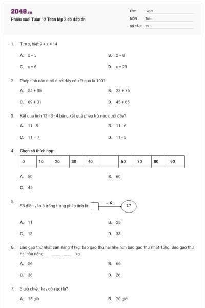 Phiếu cuối Tuần 12 Toán lớp 2 có đáp án