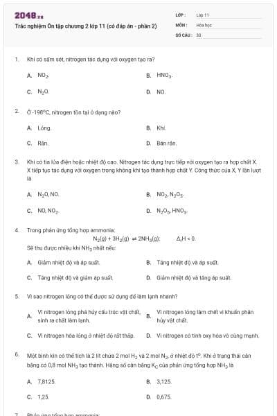 Trắc nghiệm Ôn tập chương 2 lớp 11 (có đáp án - phần 2)