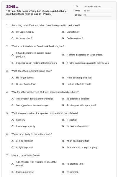 100+ câu Trắc nghiệm Tiếng Anh chuyên ngành hệ thống giao thông thông minh có đáp án - Phần 5