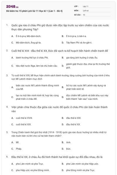 Đề kiểm tra 15 phút Lịch Sử 11 Học kì 1 (Lần 1 - Đề 4)