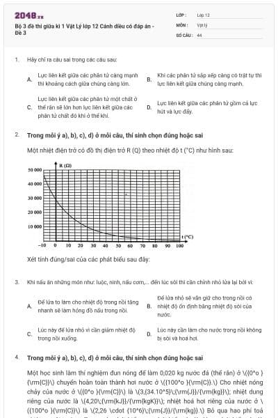 Bộ 3 đề thi giữa kì 1 Vật Lý lớp 12 Cánh diều có đáp án - Đề 3