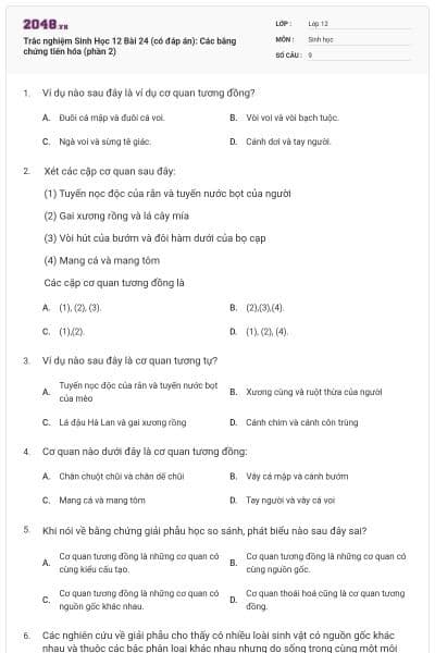 Trắc nghiệm Sinh Học 12 Bài 24 (có đáp án): Các bằng chứng tiến hóa (phần 2)