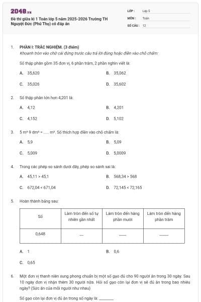 Đề thi giữa kì 1 Toán lớp 5 năm 2025-2026 Trường TH Nguyệt Đức (Phú Thọ) có đáp án