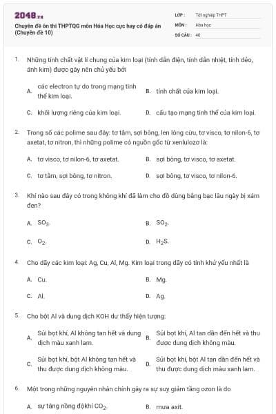 Chuyên đề ôn thi THPTQG môn Hóa Học cực hay có đáp án (Chuyên đề 10)