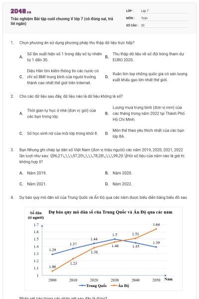 Trắc nghiệm Bài tập cuối chương V lớp 7 (có đúng sai, trả lời ngắn)