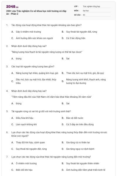 200+ câu Trắc nghiệm Cơ sở khoa học môi trường có đáp án - Phần 2