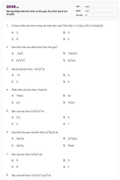 Bài tập Nhận biết đơn thức và thu gọn đơn thức lớp 8 (có lời giải)