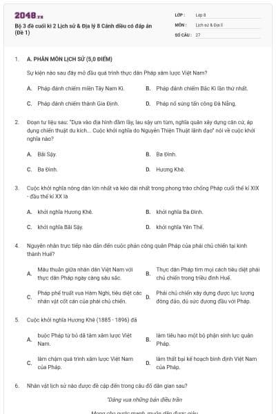Bộ 3 đề cuối kì 2 Lịch sử & Địa lý 8 Cánh diều có đáp án (Đề 1)
