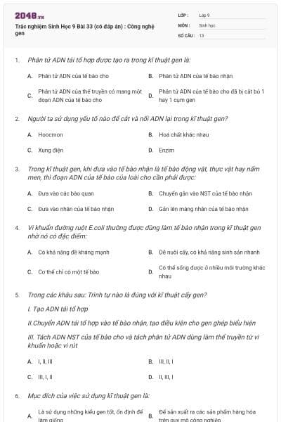 Trắc nghiệm Sinh Học 9 Bài 33 (có đáp án) : Công nghệ gen