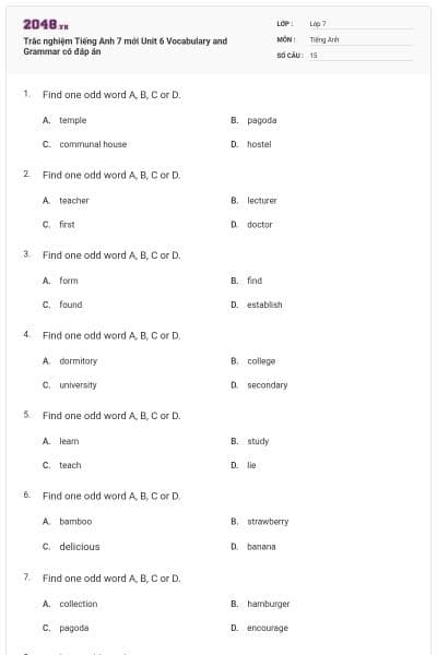 Trắc nghiệm Tiếng Anh 7 mới Unit 6 Vocabulary and Grammar có đáp án