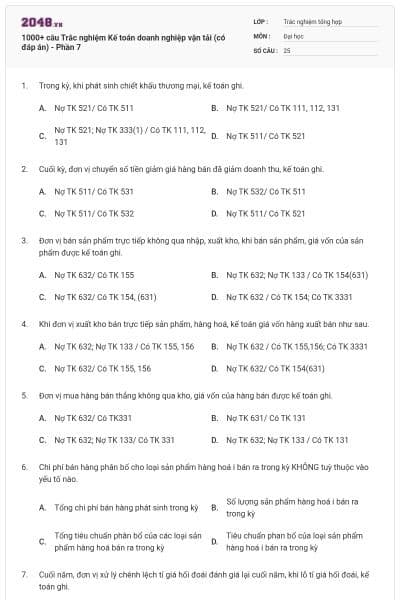 1000+ câu Trắc nghiệm Kế toán doanh nghiệp vận tải (có đáp án) - Phần 7
