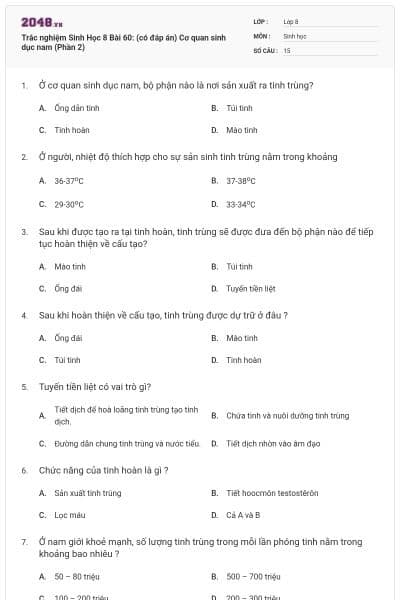 Trắc nghiệm Sinh Học 8 Bài 60: (có đáp án) Cơ quan sinh dục nam (Phần 2)