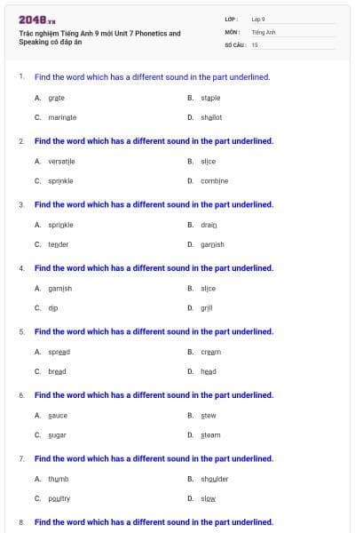 Trắc nghiệm Tiếng Anh 9 mới Unit 7 Phonetics and Speaking có đáp án