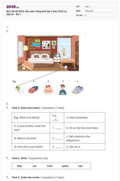 Bộ 3 đề thi KSCL đầu năm Tiếng Anh lớp 3 năm 2025 có đáp án - Đề 1